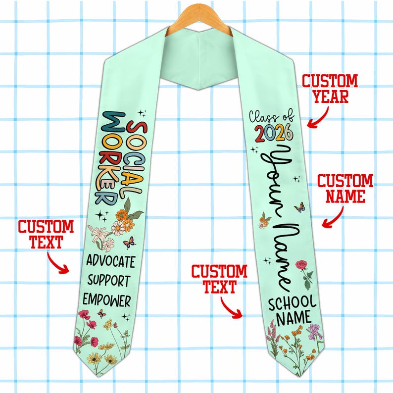 Custom Social Worker Graduation Stole Class of 2026, Wildflower Social Work Grad Sash, Advocate Support Empower, MSW BSW Graduation Gift