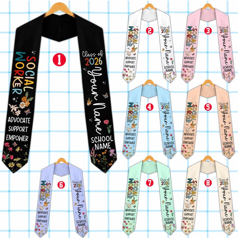 Custom Social Worker Graduation Stole Class of 2026, Wildflower Social Work Grad Sash, Advocate Support Empower, MSW BSW Graduation Gift
