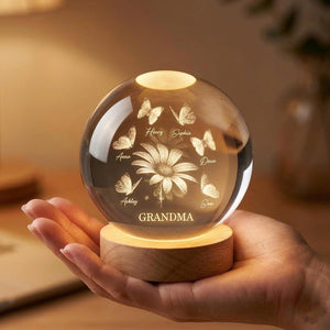 Personalized Grandma Gift, Daisy and Butterfly Crystal Ball Night Light, Custom Grandkids Names, Mothers Day Gift for Nana Granny Nanny