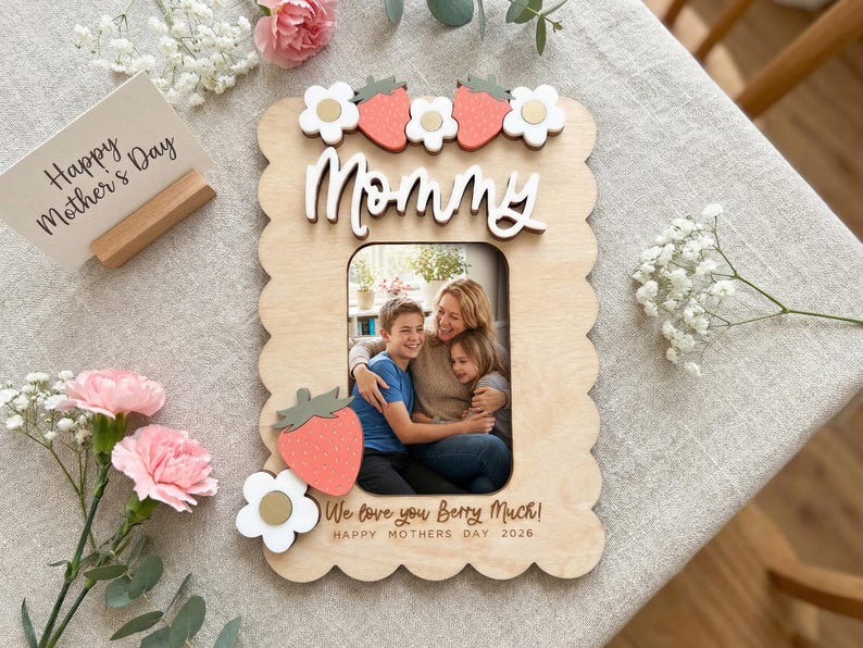 Mother s Day Photo Magnet for Grandma, Personalized Strawberry Fridge Frame, Custom Gift from Grandkids, Grandma Photo Gift, Kitchen Decor
