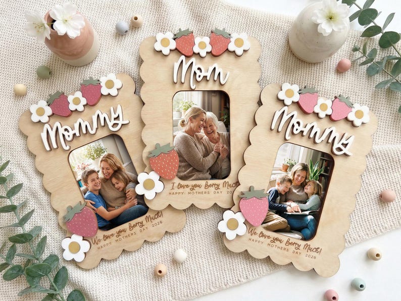 Mother s Day Photo Magnet for Grandma, Personalized Strawberry Fridge Frame, Custom Gift from Grandkids, Grandma Photo Gift, Kitchen Decor