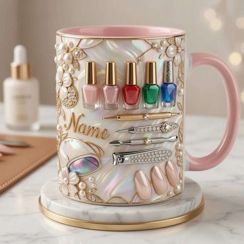 Nail Tech Mug 3D, Custom Name Nail Artist Cup, Gift for Nail Technician Lover, Faux 3D Mug