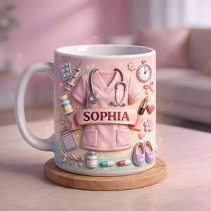Personalized Nurse Mug, Custom Name Nurse Coffee Mug, Cute Pink Scrubs Mug, Gift For Nurse Graduation Or Nurse Appreciation, 3D Effect Mug