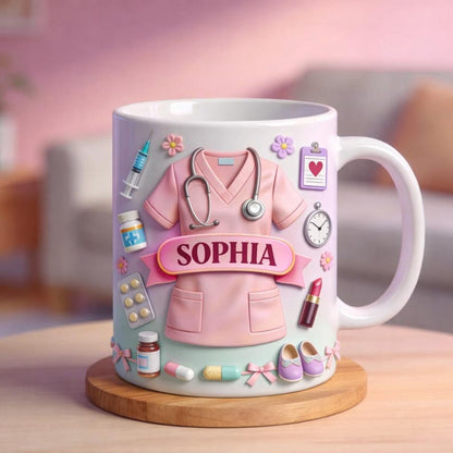Personalized Nurse Mug, Custom Name Nurse Coffee Mug, Cute Pink Scrubs Mug, Gift For Nurse Graduation Or Nurse Appreciation, 3D Effect Mug