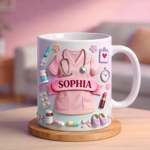 Personalized Nurse Mug, Custom Name Nurse Coffee Mug, Cute Pink Scrubs Mug, Gift For Nurse Graduation Or Nurse Appreciation, 3D Effect Mug