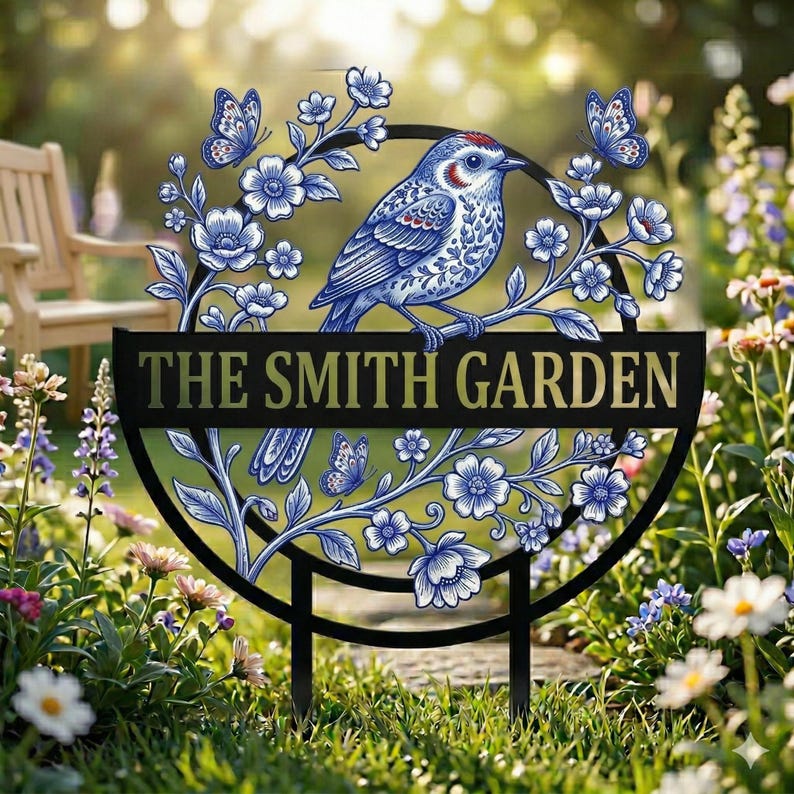 Personalized Blue White Bird Garden Sign, Custom Family Name Metal Stake, Garden Gift for Mom