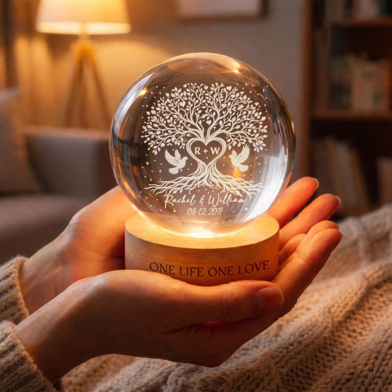 Tree of Love Personalized Couples Crystal LED Ball Light, Wedding Anniversary Gift, Couple Gift, Gift For Mom, Dad, Wedding Gift, Home Decor