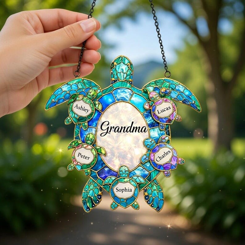 Custom Grandma Turtle Acrylic Suncatcher With Grandkids Names, Personalized Ocean Turtle Window Decor Gift