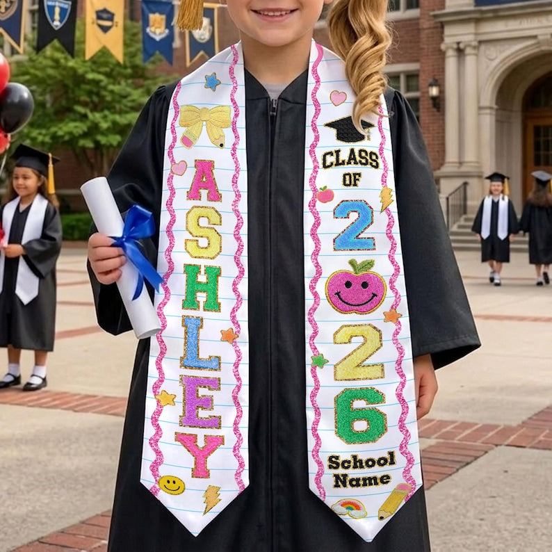 Kids Graduation Stole Class of 2026 Gift, Chenille Glitter Patch Graduation Sash, Custom Kids Name Stole Gift for Daughter, Pre K Grad Gifts