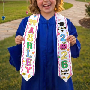 Kids Graduation Stole Class of 2026 Gift, Chenille Glitter Patch Graduation Sash, Custom Kids Name Stole Gift for Daughter, Pre K Grad Gifts