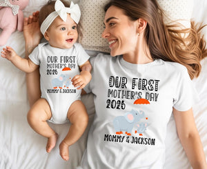 Custom Name Our First Mothers Day 2026 Shirt, New Mom Elephant Shirt, Personalized First Mothers Day Gift, Mommy And Baby Matching Mom Shirt
