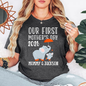 Custom Name Our First Mothers Day 2026 Shirt, New Mom Elephant Shirt, Personalized First Mothers Day Gift, Mommy And Baby Matching Mom Shirt