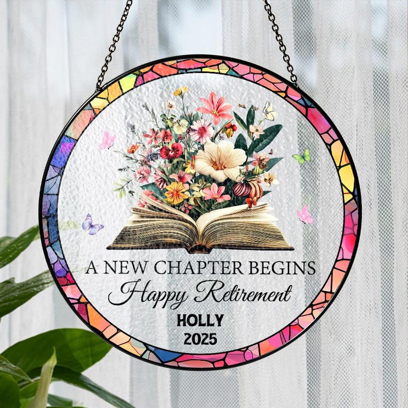 Wildflower Stained Glass Suncatcher Retirement Gift for Women, A New Chapter Begins Window Hanging, Floral Book Decor