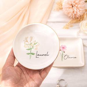 Personalised Birth Flower Trinket Dish, Watercolor Flower Ring Dish, Birthday Jewelry Dish Gift for Friend, Wedding Bridesmaid Gift, Engaged