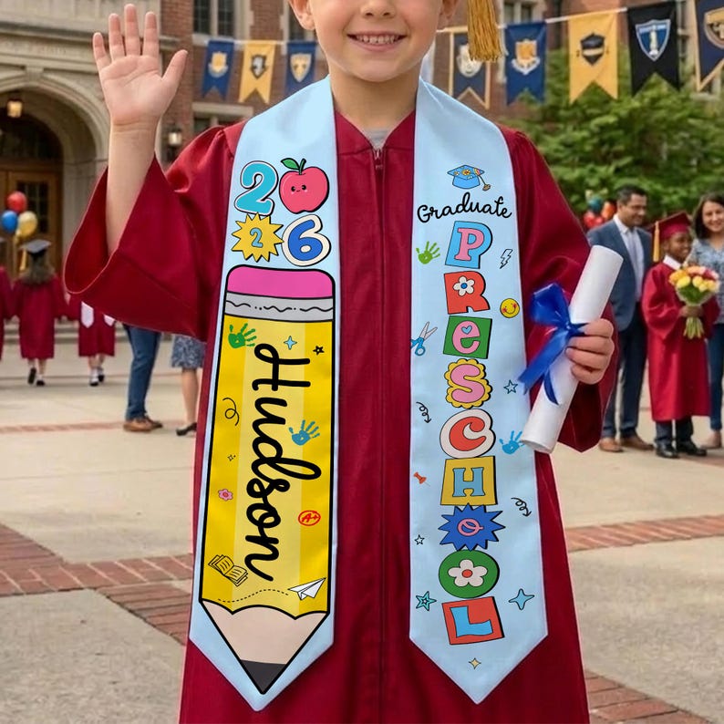 Personalized Kids Graduation Stole, Class of 2026 Crayon Sash, Preschool Graduate Gift