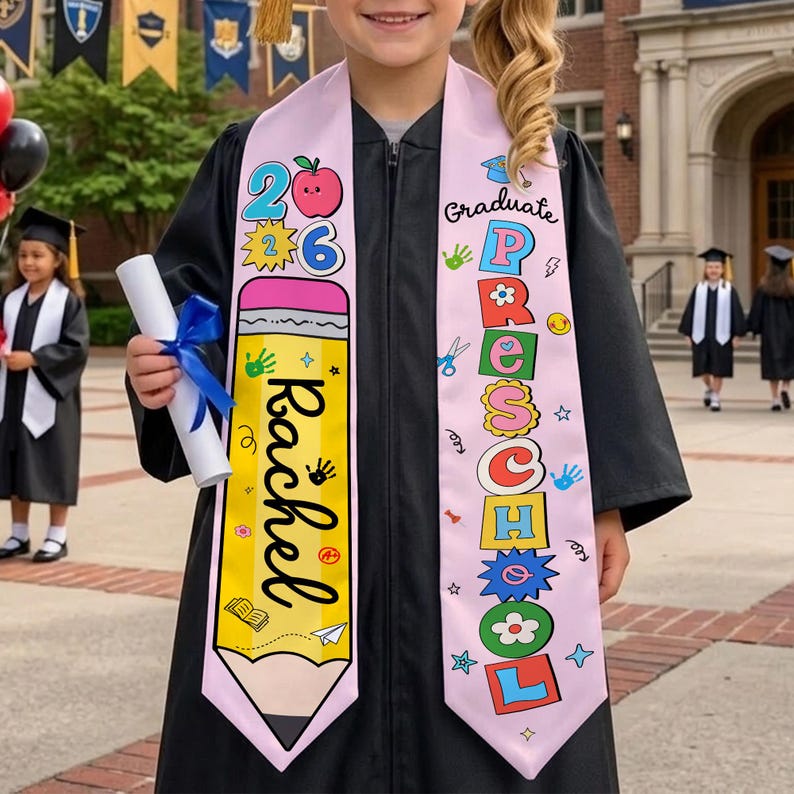 Personalized Kids Graduation Stole, Class of 2026 Crayon Sash, Preschool Graduate Gift