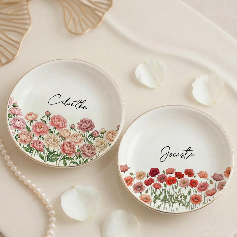 Custom Floral Trinket Dish with Name, Personalized Jewelry Dish, Cute Gift for Her, Birthday Gift, Bridesmaid Gift Idea
