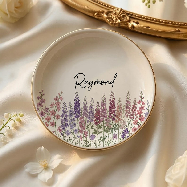 Custom Floral Trinket Dish with Name, Personalized Jewelry Dish, Cute Gift for Her, Birthday Gift, Bridesmaid Gift Idea