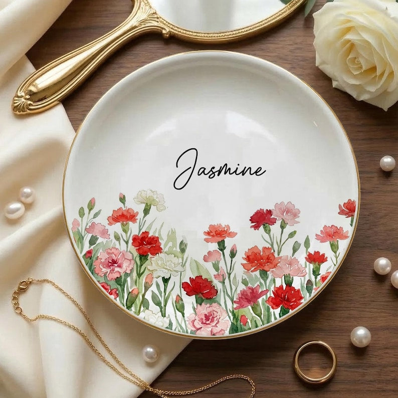 Custom Floral Trinket Dish with Name, Personalized Jewelry Dish, Cute Gift for Her, Birthday Gift, Bridesmaid Gift Idea