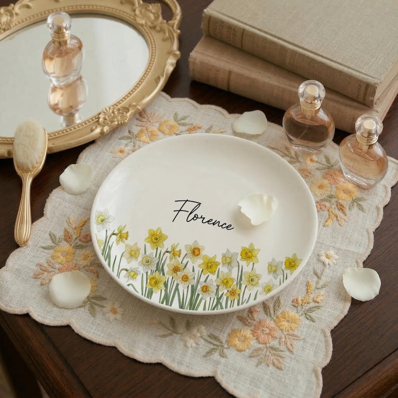 Custom Floral Trinket Dish with Name, Personalized Jewelry Dish, Cute Gift for Her, Birthday Gift, Bridesmaid Gift Idea