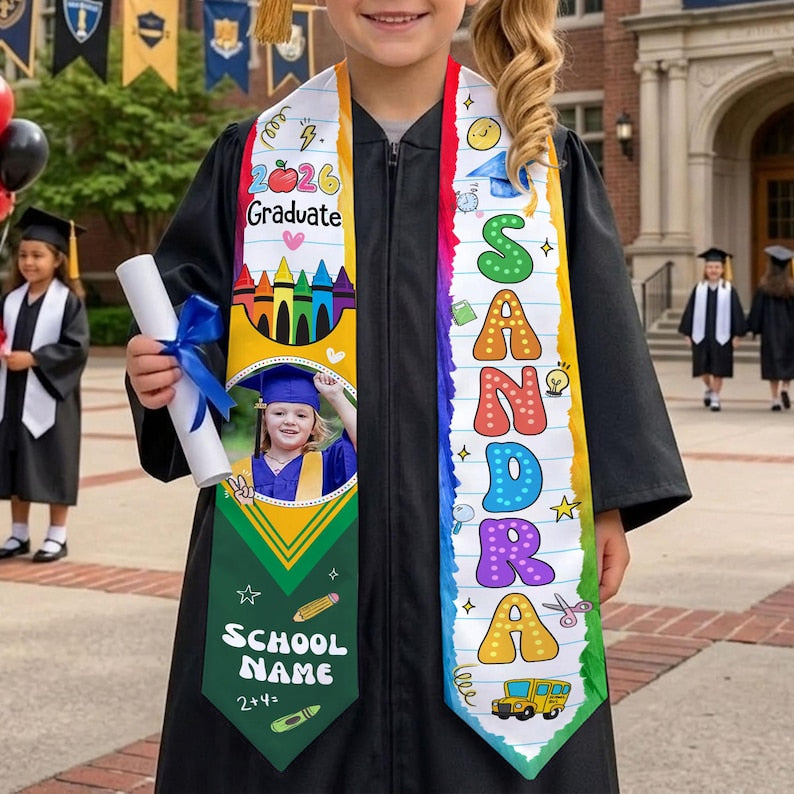 Custom Kids Graduation Stole With Name & Photo, Personalized Crayon Graduation Sash, Kindergarten Grad 2026, First Grade Gift for Graduate
