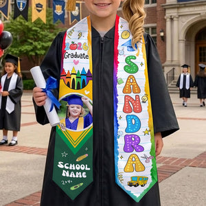 Custom Kids Graduation Stole With Name & Photo, Personalized Crayon Graduation Sash, Kindergarten Grad 2026, First Grade Gift for Graduate