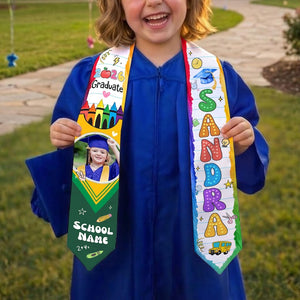 Custom Kids Graduation Stole With Name & Photo, Personalized Crayon Graduation Sash, Kindergarten Grad 2026, First Grade Gift for Graduate