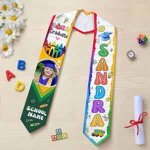 Custom Kids Graduation Stole With Name & Photo, Personalized Crayon Graduation Sash, Kindergarten Grad 2026, First Grade Gift for Graduate