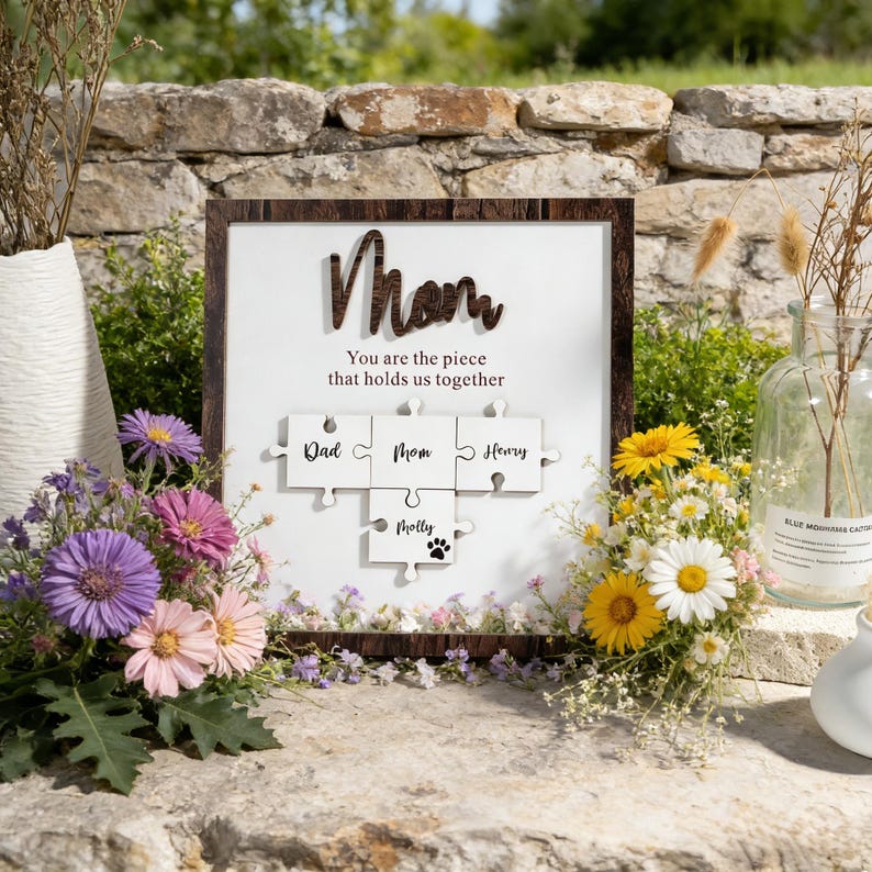 Personalized Mom Puzzle Sign,Mother's Day Gift from Kids Husband,Piece That Holds Us Together Grandma Gift,Customized Puzzle Pieces Sign