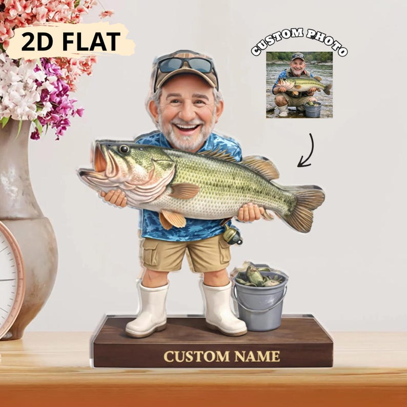 Personalized Fisherman Acrylic Figure Custom Photo Fishing Gift For Dad Father Day