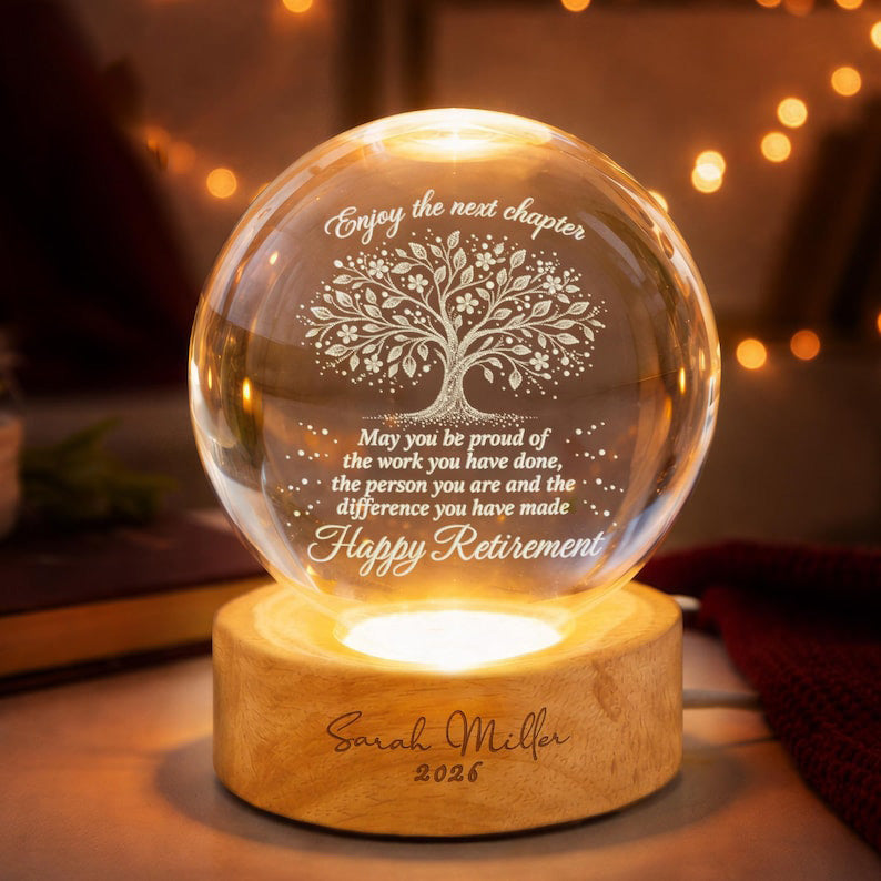 Personalized Retirement Crystal Ball Light Night, Happy Retirement LED Light,Custom Retirement Gift For Boss Co Worker, Retired Gift For Her
