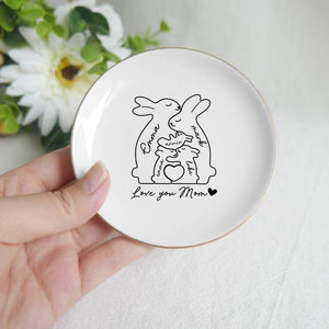 Personalized Bunny Family Jewelry Dish, Custom Ring Dish for Mom, Grandma Trinket Tray with Grandkids Names, Mother's Day Gift, Nana Gift