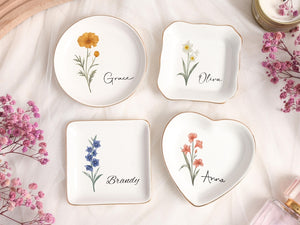 Personalised Birth Flower Trinket Dish, Custom Watercolor Flower Ring Dish, Wedding Bridesmaid Gifts, Bachelorette Party Gifts, Gift for mom