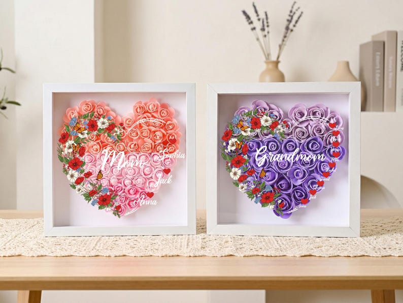 Personalized Rose Heart Shadow Box for Mom, Custom Kids Names Floral Frame, Mother s Day Gift for Mommy Grandma Nana, Family Keepsake Decor