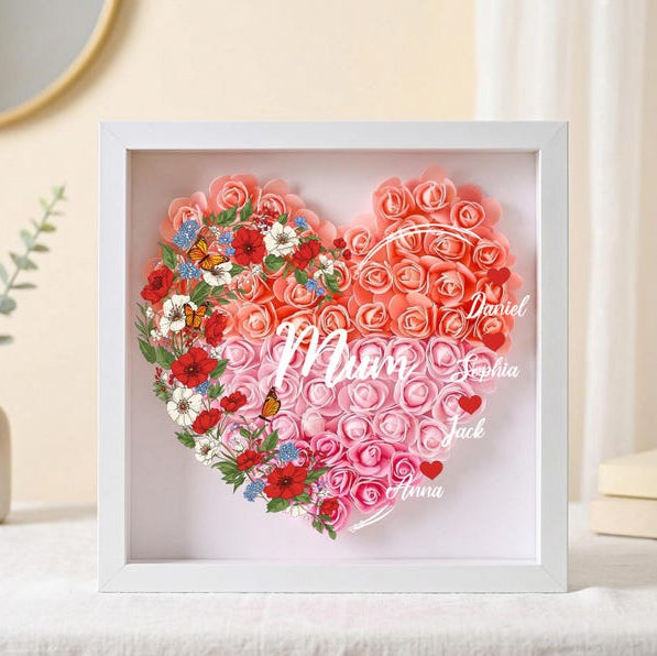 Personalized Rose Heart Shadow Box for Mom, Custom Kids Names Floral Frame, Mother s Day Gift for Mommy Grandma Nana, Family Keepsake Decor