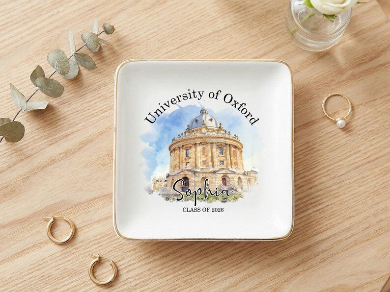 Custom University Photo Trinket Dish, Personalized Ceramic Jewelry Tray, Graduation Gift for Daughter, Class of 2026 Graduate Keepsake