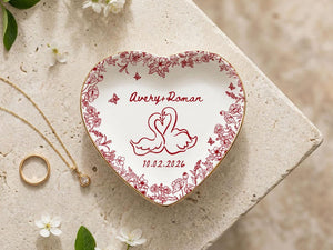 Personalized Engagement Ring Dish, Custom Couple Name Trinket Dish, Floral Wedding Ring Holder, Bridal Shower Gift, Keepsake Plate