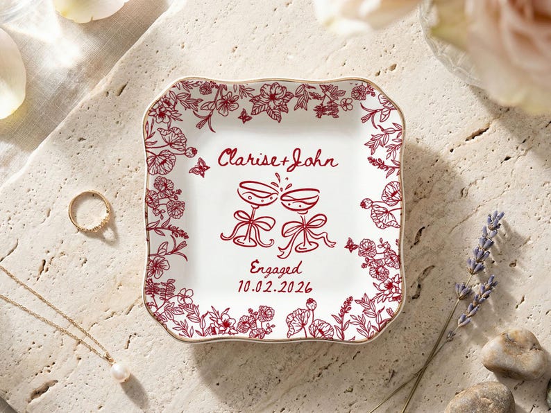Personalized Engagement Ring Dish, Custom Couple Name Trinket Dish, Floral Wedding Ring Holder, Bridal Shower Gift, Keepsake Plate