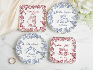 Personalized Engagement Ring Dish, Custom Couple Name Trinket Dish, Floral Wedding Ring Holder, Bridal Shower Gift, Keepsake Plate