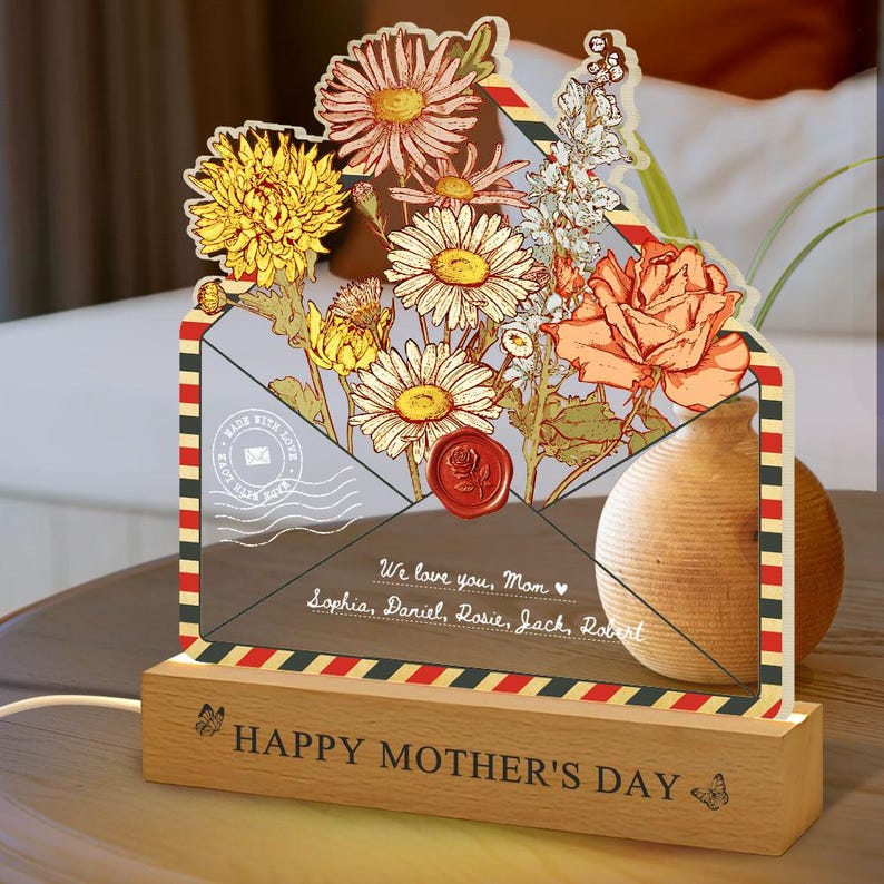 Custom Birth Month Flowers LED Light Lamp Mother's Day Gift For Mom, Grandma's Garden Birthday Gifts Family Keepsake Home Decor