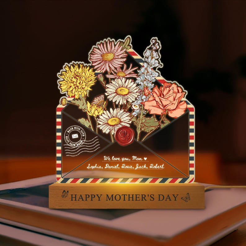 Custom Birth Month Flowers LED Light Lamp Mother's Day Gift For Mom, Grandma's Garden Birthday Gifts Family Keepsake Home Decor