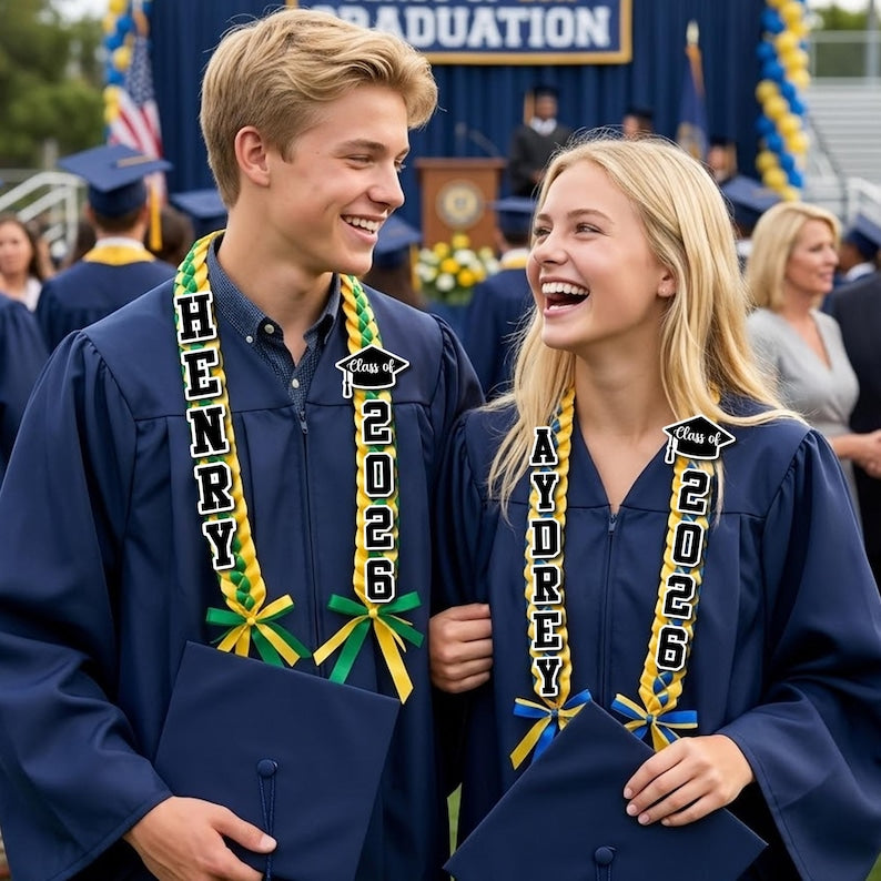 Personalized Ribbon Graduation Lei, Custom Name Grad Lei with Satin Ribbons, Class of 2026 Gift, Senior Celebration Accessory