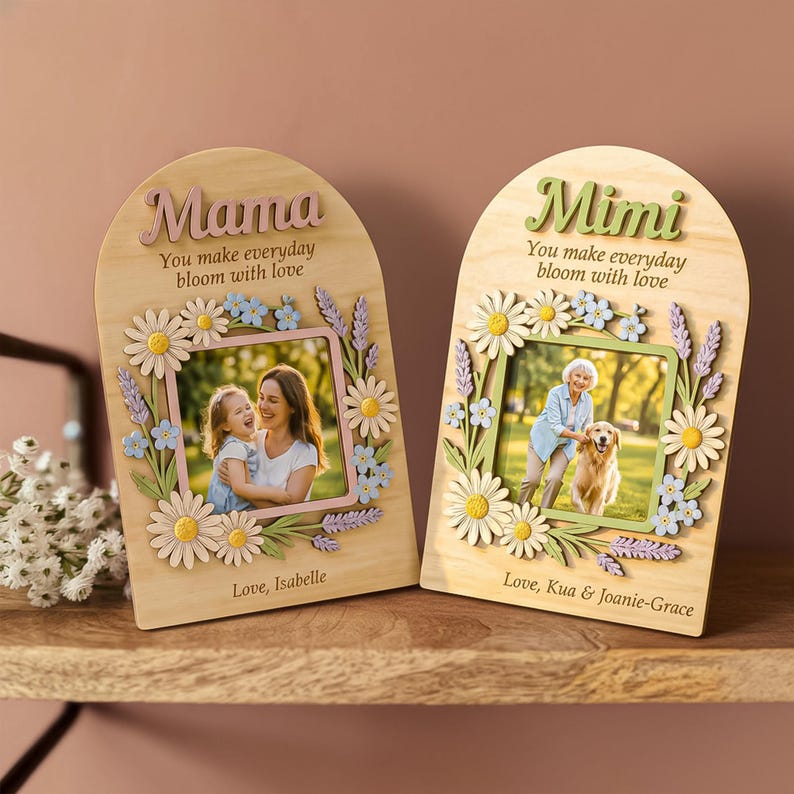 Custom Wooden Photo Frame for Mother's Day Gift, Floral Keepsake Decor, Personalized Nana Gift, Grandma Birth Flower Plaque