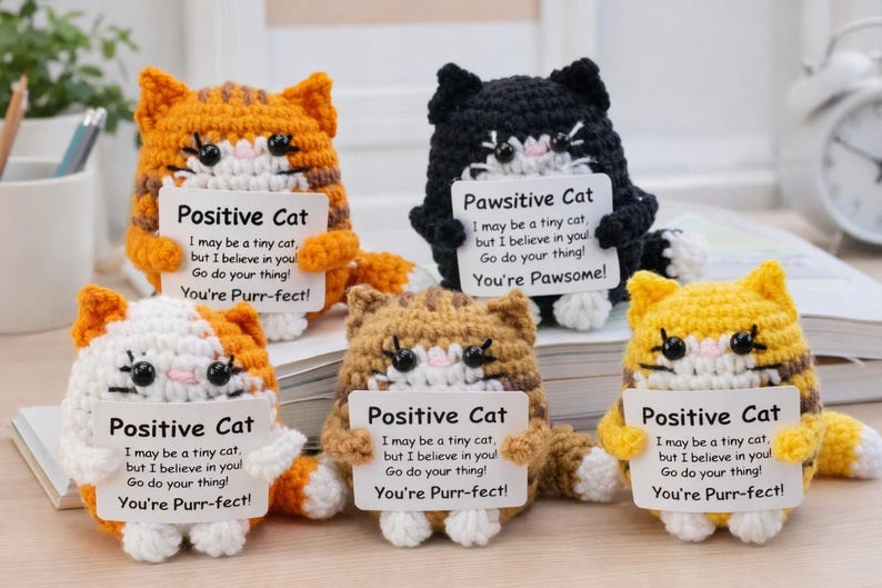 Emotional Support Desk Buddy, Custom Crochet Cat Doll, Funny Coworker Gift, Pawsitive Affirmation Decor, Cat Lover Gift, Cheer Up Gift