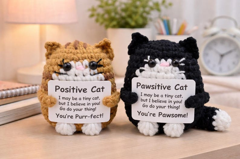 Emotional Support Desk Buddy, Custom Crochet Cat Doll, Funny Coworker Gift, Pawsitive Affirmation Decor, Cat Lover Gift, Cheer Up Gift