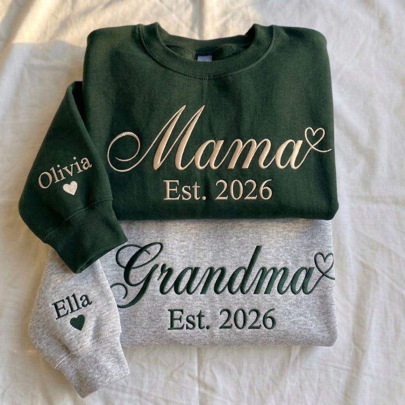 Custom Embroidered Mama Grandma Sweatshirt & Hoodie, Name On Sleeve With Heart, Gift For New Mom, Mothers Day Gifts