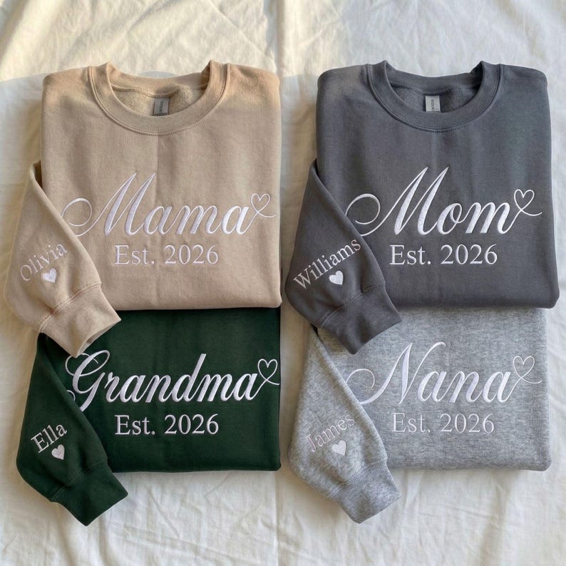 Custom Embroidered Mama Grandma Sweatshirt & Hoodie, Name On Sleeve With Heart, Gift For New Mom, Mothers Day Gifts