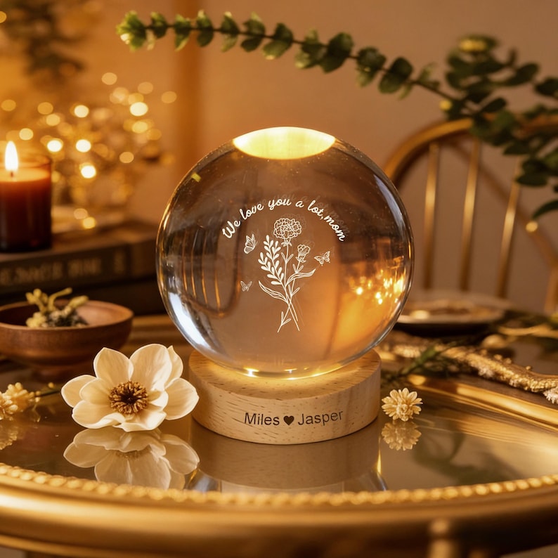 Custom Family Birth Flowers Lamp,Mother s Gifts for Grandma Mom Nana,Personalized Floral Crystal Ball Night Ligh with Your Name,Gift for Her