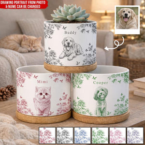 Toile De Jouy Flower Pet Photo - Custom Pet Flower Pot, Personalized Pet Memorial Planter, Dog Loss Remembrance Gift,Dog Lover, Dog Mom Gift