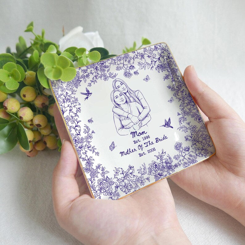 Custom Mother of the Bride Jewelry Tray, Custom Photo Toile de Jouy Ring Dish, Ceramic Tray, Gift for Mom, Mother's day gift
